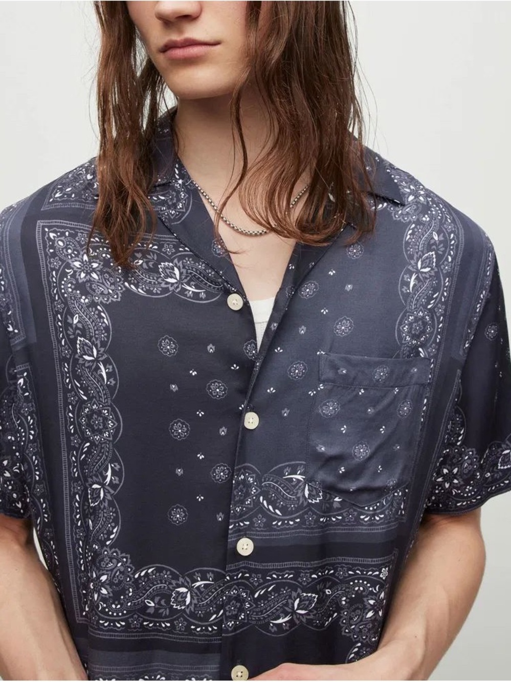 All Saints Navy Bandana-Print Short Sleeve Button-Front Shirt
